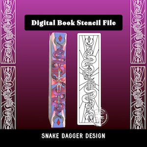 Könnte beinhalten: Digitales Buchschablonen-Datei mit einem Schlangendolch-Design. Das Bild zeigt ein farbenfrohes, stilisiertes Buchcover-Design mit einer Schlange, die sich um einen Dolch windet. Eine Schwarz-Weiß-Version ist ebenfalls abgebildet.
