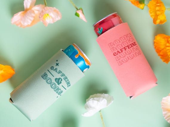 Bookish Slim Can Koozie: Caffeine & Books - Alani Energy Drink and Slim Coffee Sleeve