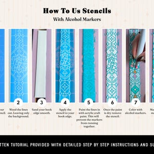 May include: An eight-step instructional graphic titled How To Use Stencils With Alcohol Markers. It displays the process of applying a stencil to a book edge, painting the lines, and coloring with markers to create a decorative pattern.