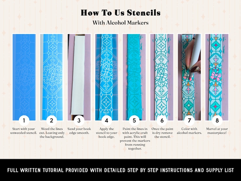 May include: An eight-step instructional graphic titled How To Use Stencils With Alcohol Markers. It displays the process of applying a stencil to a book edge, painting the lines, and coloring with markers to create a decorative pattern.