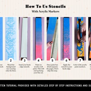May include: An eight-step instructional graphic titled How To Use Stencils With Acrylic Markers. It illustrates the process of applying a dragon-themed stencil to a book edge, including weeding, sanding, painting, and coloring with markers.
