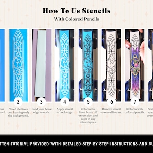 May include: An eight-step instructional graphic titled How To Use Stencils With Colored Pencils. It displays the process of applying a floral-patterned stencil to a book edge, coloring the design with pencils, and sealing it with varnish.