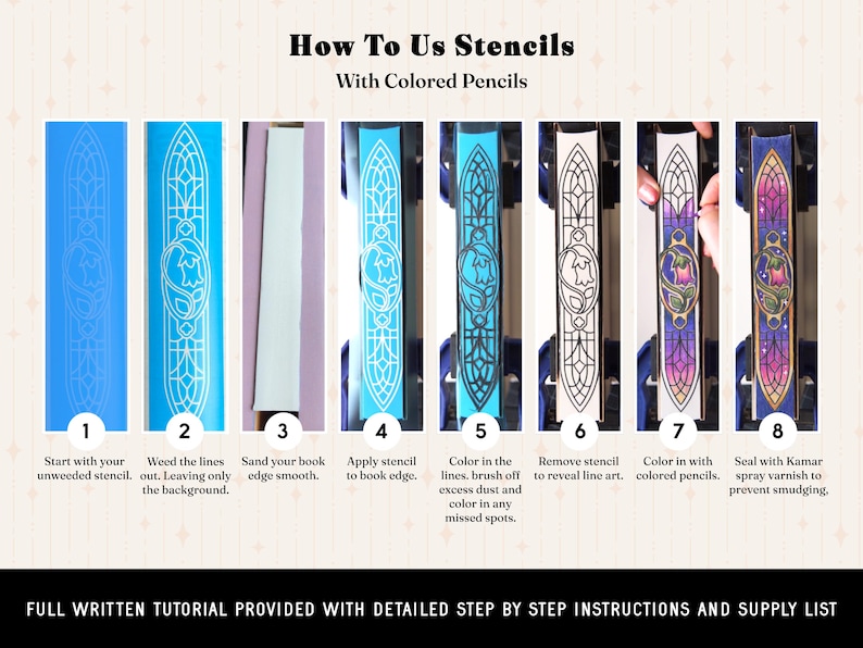 May include: An eight-step instructional graphic titled How To Use Stencils With Colored Pencils. It displays the process of applying a floral-patterned stencil to a book edge, coloring the design with pencils, and sealing it with varnish.