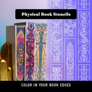 May include: Image of physical book stencils with colourful designs. The stencils feature stained glass-like patterns, including a sword, a snake, and a flower. The text "Physical Book Stencils" and "Color in your book edges" are displayed.