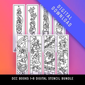 May include: A set of eight rectangular bookmarks featuring black and white line art illustrations of various characters and symbols. The text DIGITAL DOWNLOAD is visible in a blue banner, and DCC BOOKS 1-8 DIGITAL STENCIL BUNDLE is at the bottom.