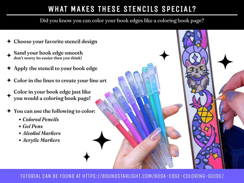 May include: A set of colorful gel pens and a stencil used for decorating book edges. The text reads: WHAT MAKES THESE STENCILS SPECIAL? Did you know you can color your book edges like a coloring book page? Choose your favorite stencil design.