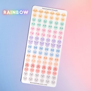May include: A rectangular sticker sheet titled Annotation Emojis featuring rows of small circular stickers in various pastel colors. Each sticker displays a unique facial expression. The text RAINBOW appears in the top left, and BOUNDSTARLIGHT.COM is at the bottom.