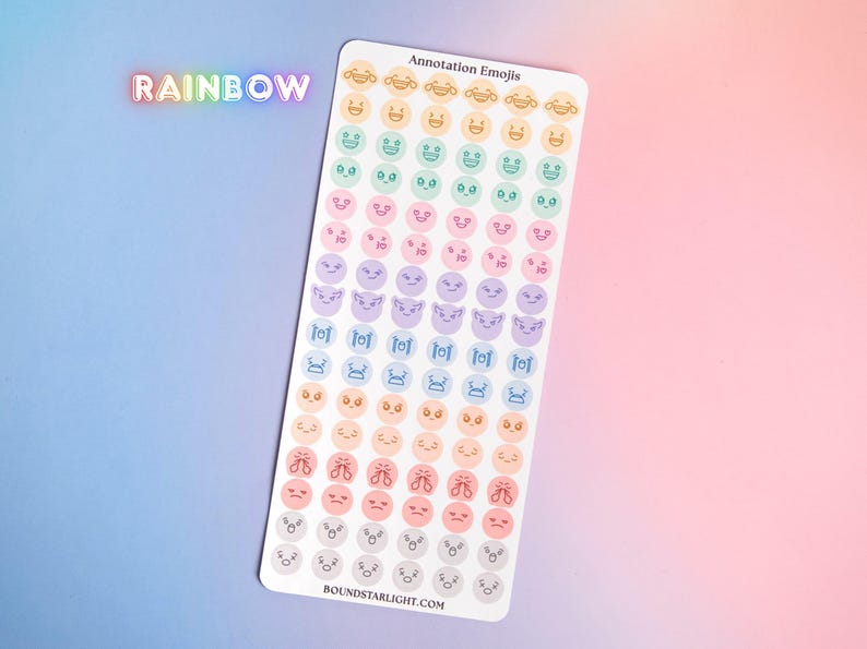 May include: A rectangular sticker sheet titled Annotation Emojis featuring rows of small circular stickers in various pastel colors. Each sticker displays a unique facial expression. The text RAINBOW appears in the top left, and BOUNDSTARLIGHT.COM is at the bottom.
