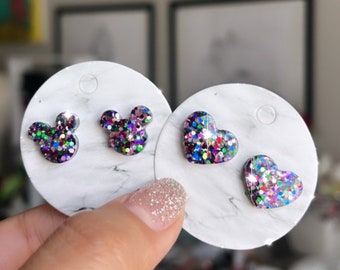Sparkle Mouse & Heart stud earrings