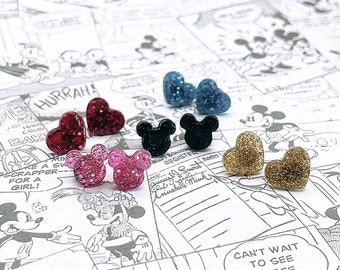 Sparkle Mouse & Heart Stud Earrings