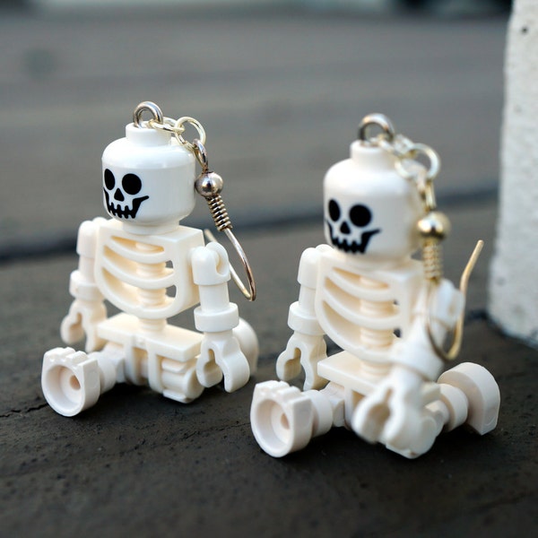 Skeleton Earrings Halloween Dangle Drop Earrings White Bones Spooky Gift to Wear to Parties, made from LEGO® minifigures for Halloween