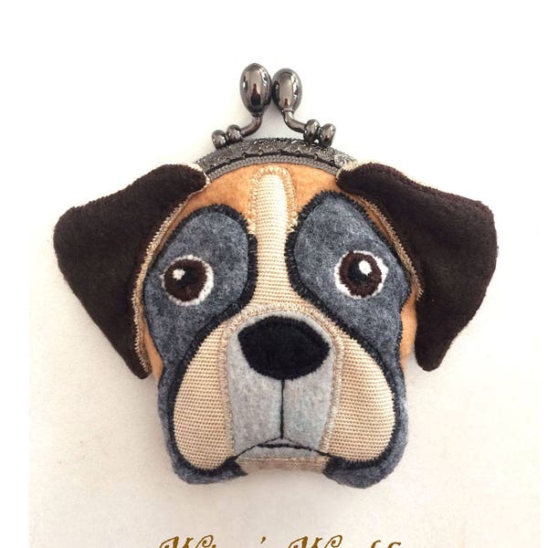 Boxer Dog Purse, Boxer Coin Purse, Dog Purse, Felt Dog Metal Frame Kisslock Coin Purse, Change Purse with Snap,Purse Organizer