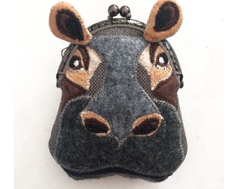 Hippopotamus Purse, Hippo Coin Purse, Purse, Felt Hippo Metal Frame Kisslock Coin Purse, Hippo Head, Change Purse with Snap, Purse Organizer