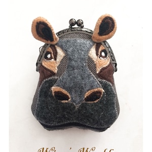 Hippopotamus Purse, Hippo Coin Purse, Purse, Felt Hippo Metal Frame Kisslock Coin Purse, Hippo Head, Change Purse with Snap, Purse Organizer