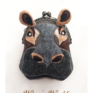 Hippopotamus Purse, Hippo Coin Purse, Purse, Felt Hippo Metal Frame Kisslock Coin Purse, Hippo Head, Change Purse with Snap, Purse Organizer image 1