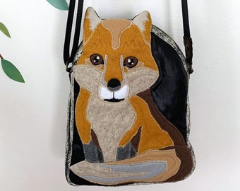 Fox Bag, Felt Patchwork Red Fox Bag, Woodland Bag, Fox Patchwork, Mixed Materials Animal Bag, Cross Body Bag