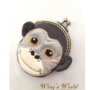 Monkey Purse, Monkey Snap Purse, Monkey Coin Purse, Felt Monkey Metal Frame Kisslock Purse, Change Purse with Snap, Purse Organizer