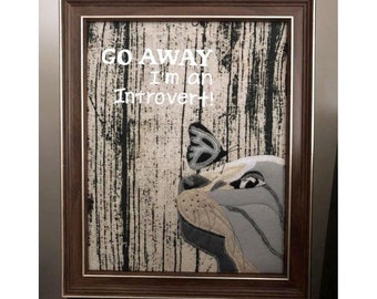 Framed Kitty Fabric Art, Go Away I am an Introvert! 8 x 10 Cat Wall Decor, Framed Cat Art, Black and White Cat Art, Felt Art, Wall Art