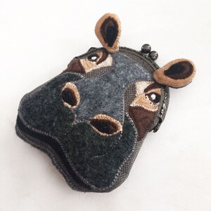 Hippopotamus Purse, Hippo Coin Purse, Purse, Felt Hippo Metal Frame Kisslock Coin Purse, Hippo Head, Change Purse with Snap, Purse Organizer image 2