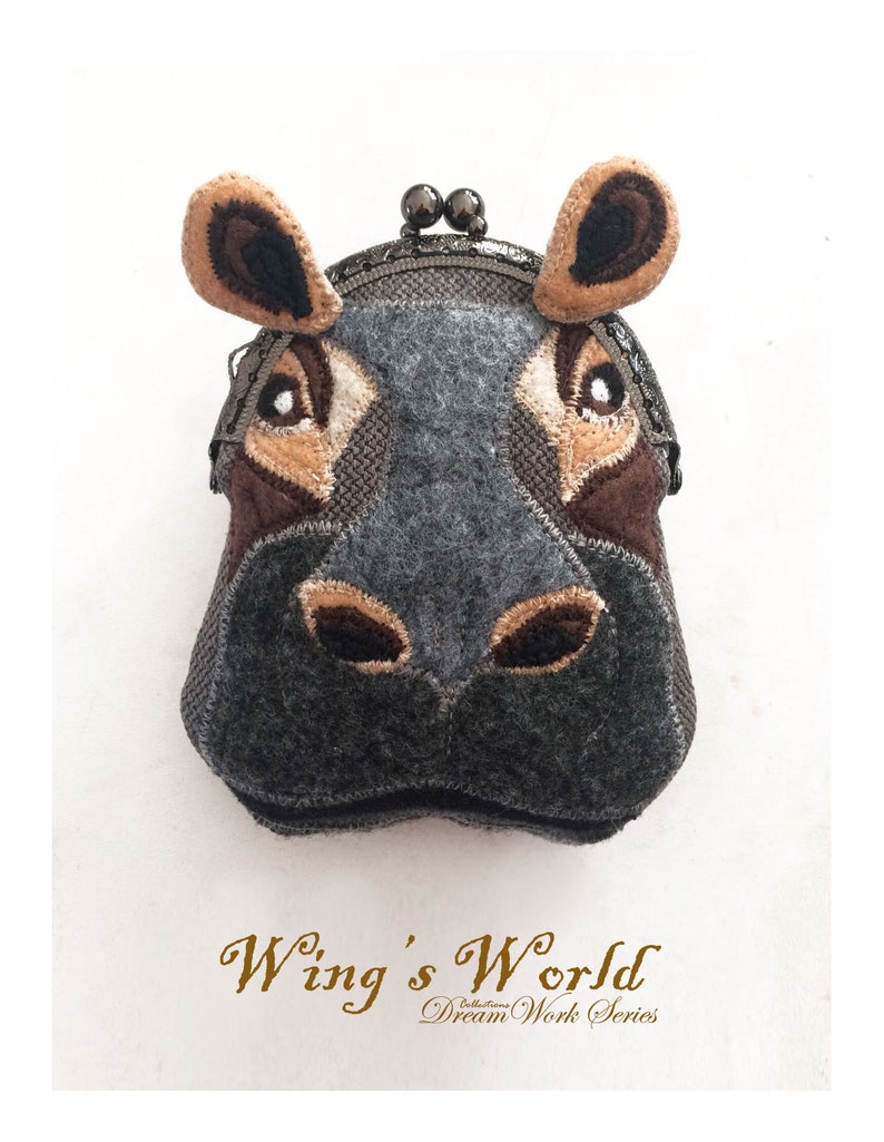 Hippopotamus Purse, Hippo Coin Purse, Purse, Felt Hippo Metal Frame Kisslock Coin Purse, Hippo Head, Change Purse with Snap, Purse Organizer image 1