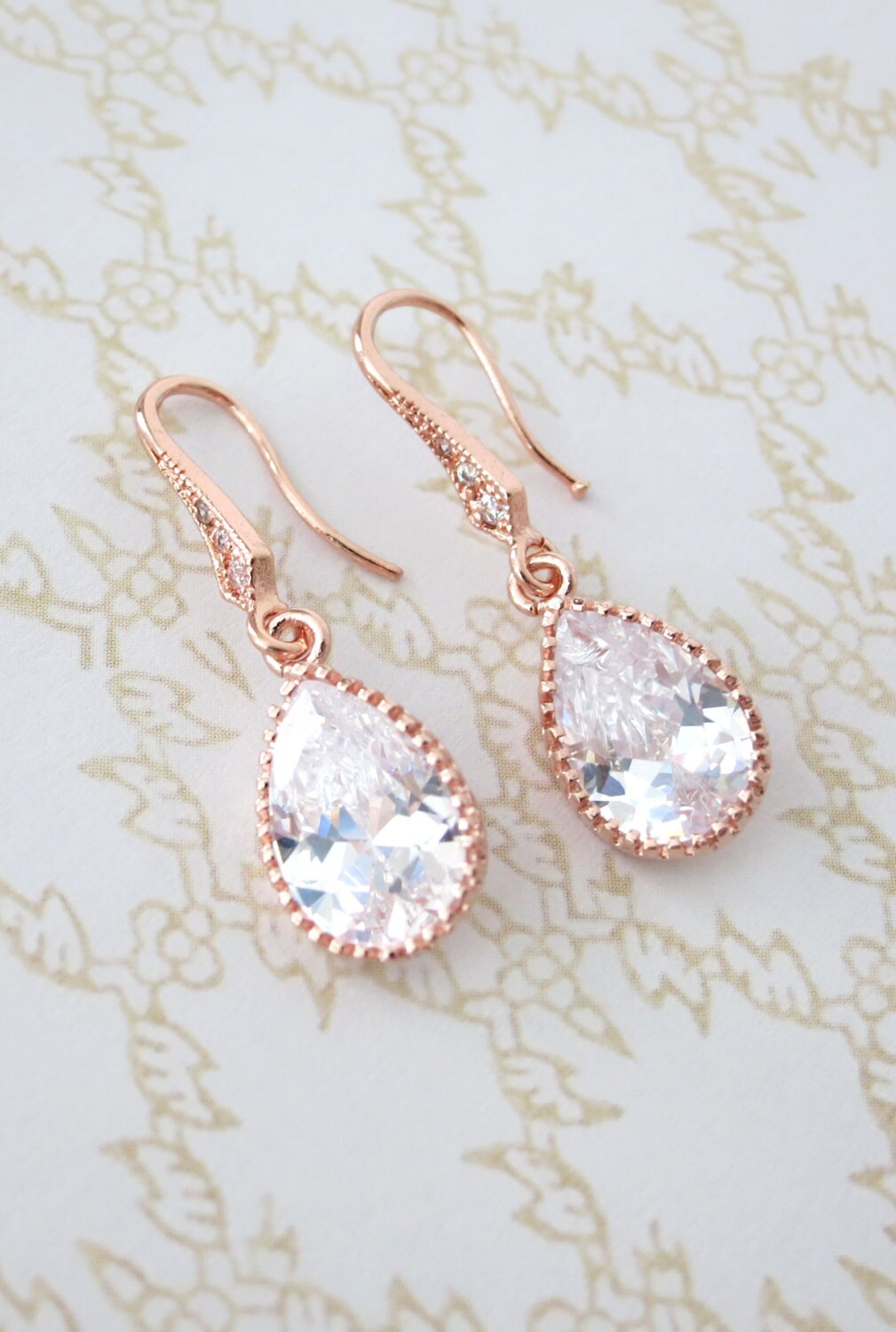 Rose Gold Cubic Zirconia Teardrop Earrings gifts for her Etsy