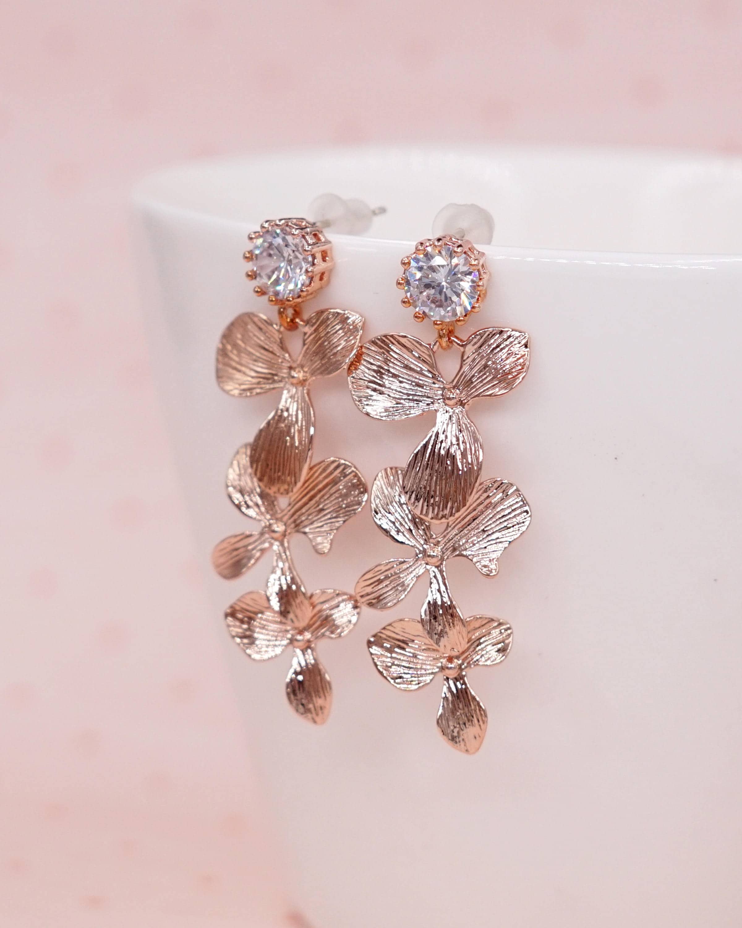 Rose Gold Cubic Zirconia Earring with Orchid Flower Dangle Etsy