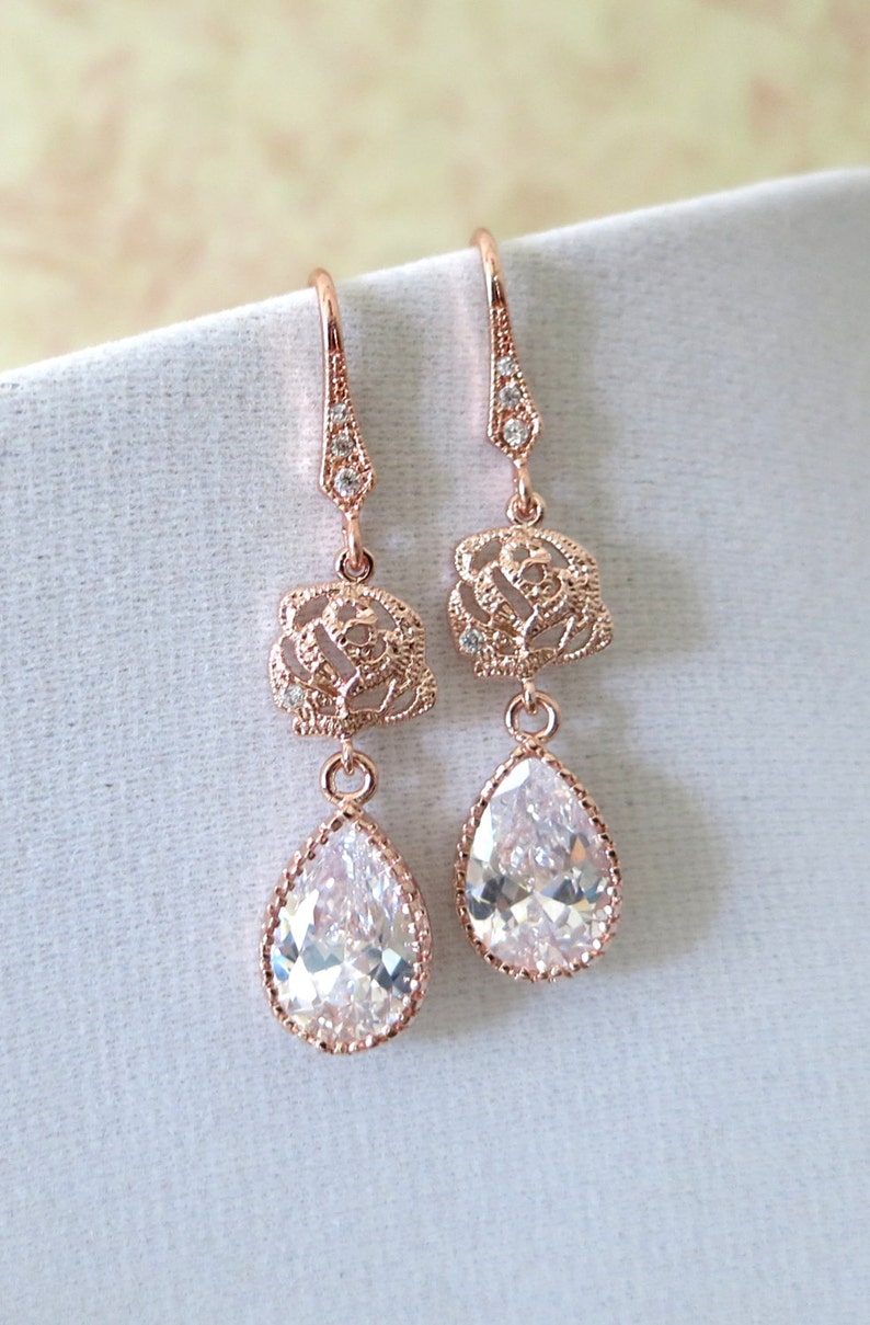 Rose Gold Cubic Zirconia Teardrop Rose Flower Earrings gifts Etsy