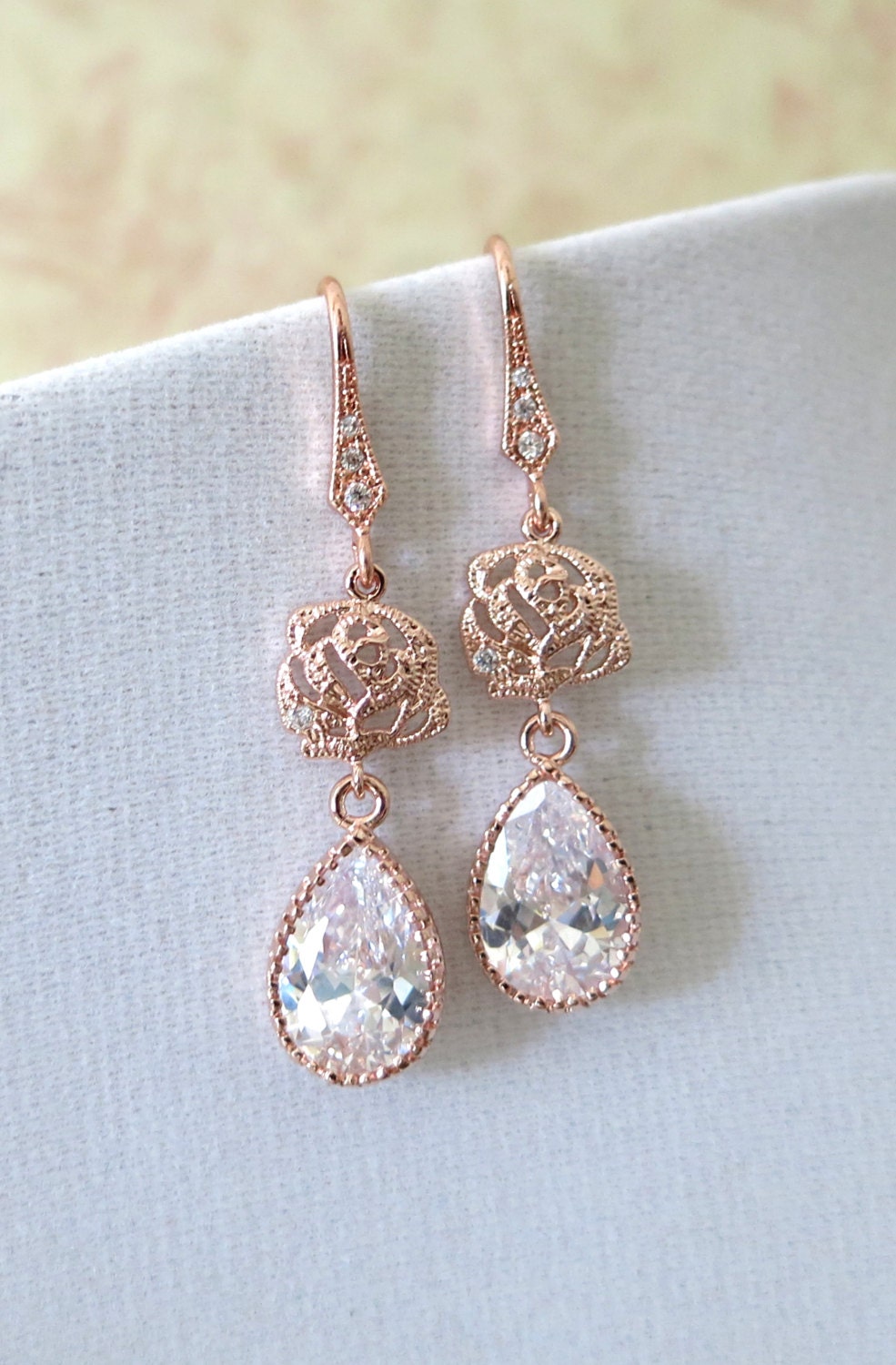 Rose Gold Cubic Zirconia Teardrop Rose Flower Earrings gifts Etsy