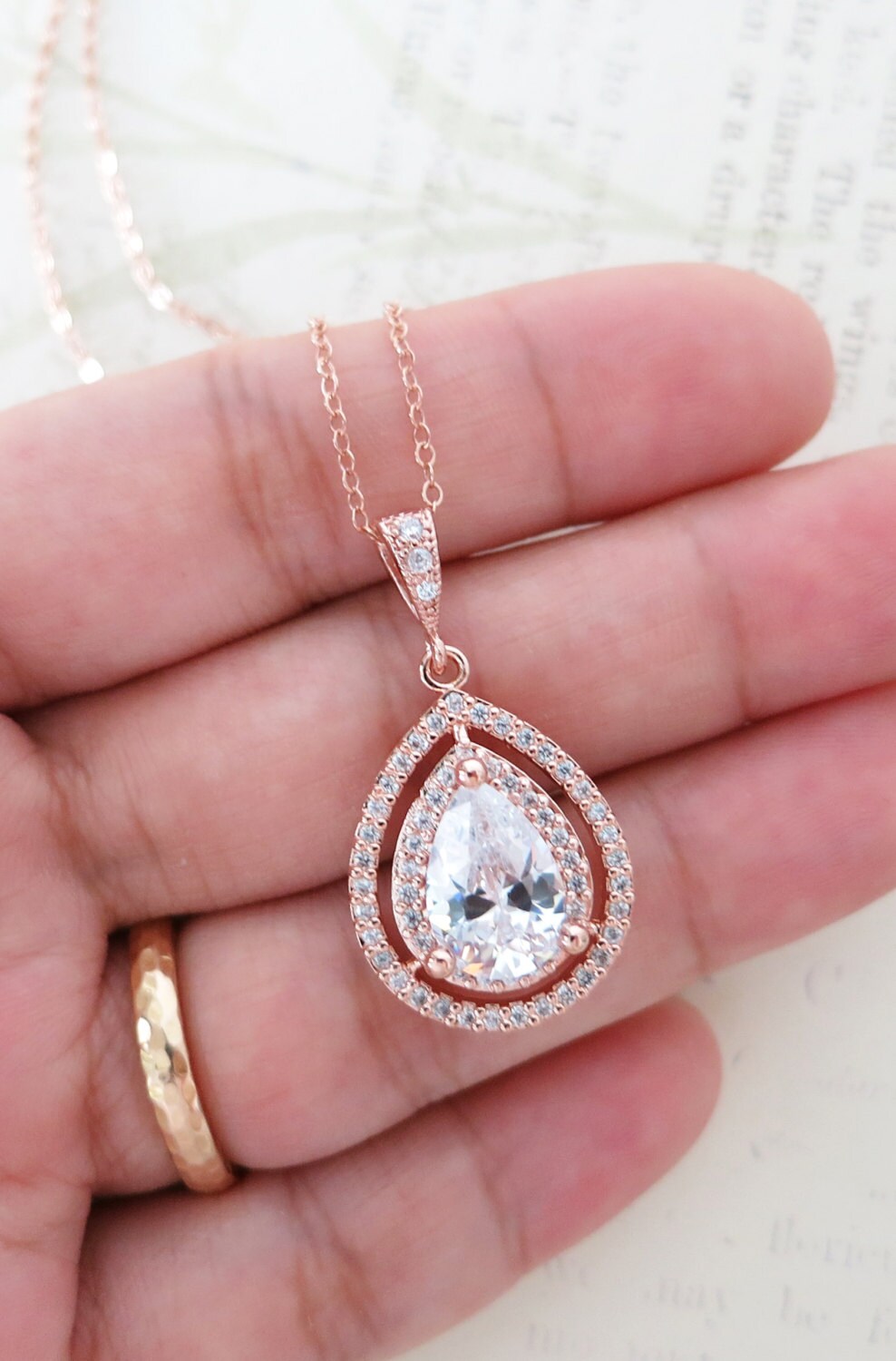 Rose Gold Deluxe Cubic Zirconia Teardrop necklace Halo style Etsy