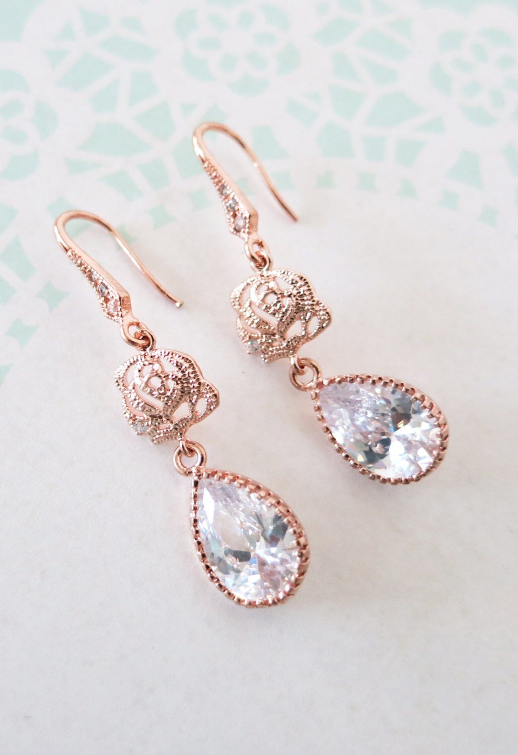 Rose Gold Cubic Zirconia Teardrop Rose Flower Earrings gifts Etsy