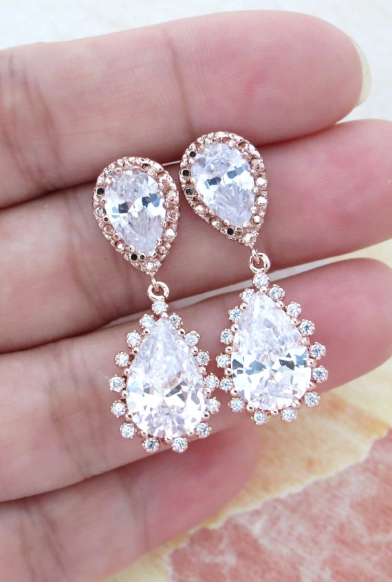 Items similar to Deluxe Rose Gold Cubic Zirconia Teardrop Earrings gifts for her, bridal gifts