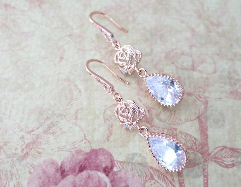 Rose Gold Cubic Zirconia Teardrop Rose Flower Earrings gifts Etsy