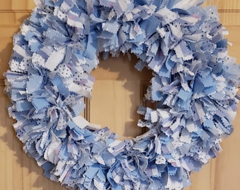 17 inch fabric rag wreath blue and white