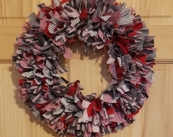 17 inch fabric rag wreath red gray and white