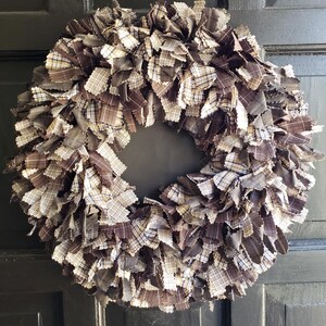 17 inch fabric rag wreath brown white and beige