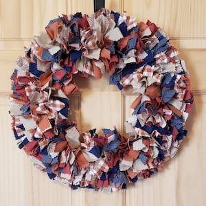 17 inch fabric rag wreath navy blue rusty orange and beige