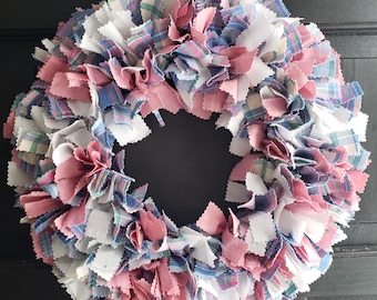 17 inch fabric rag wreath shades of blue and pink and white  plaids and solids