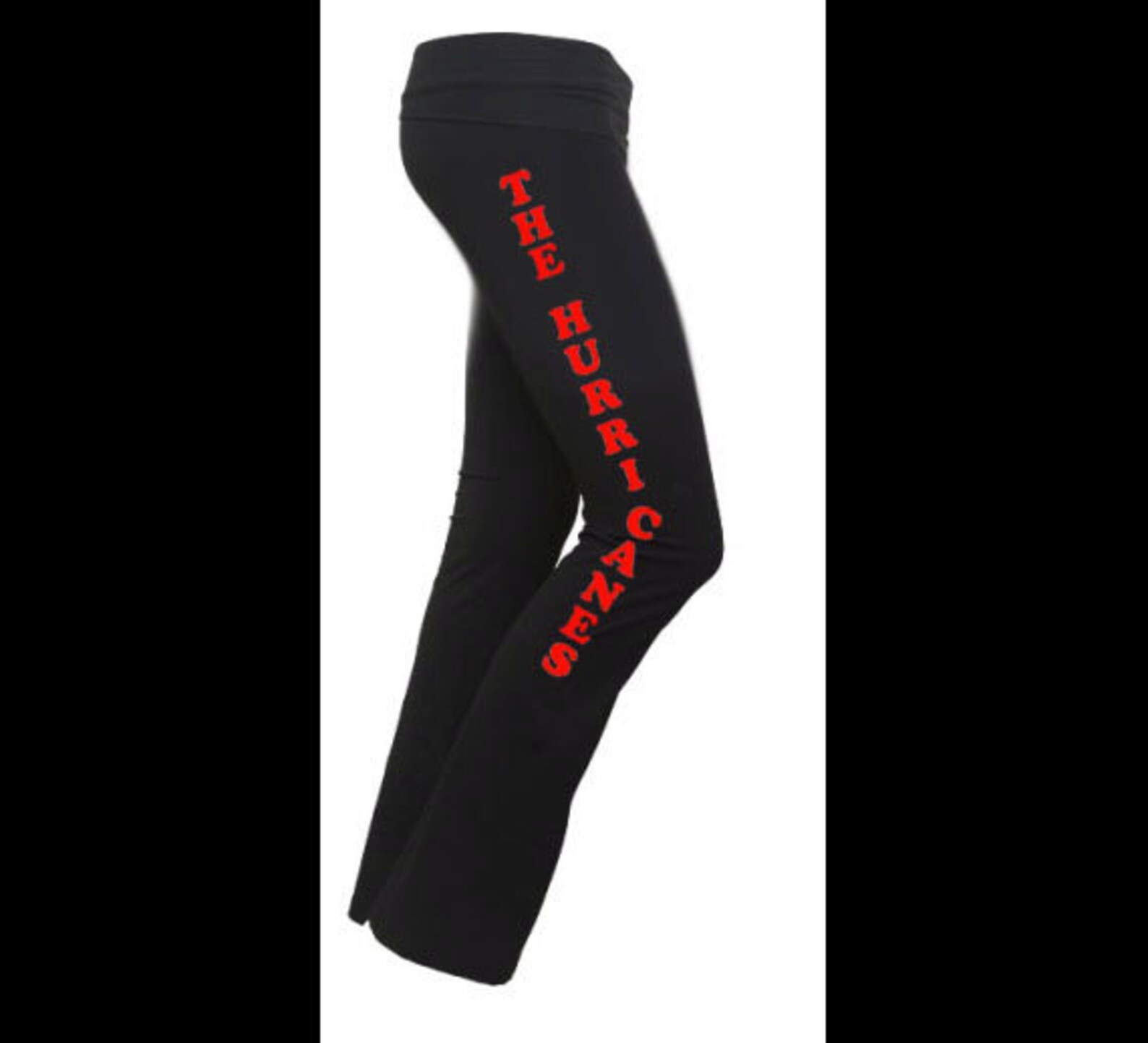 Black Fold Over Yoga Pants With Custom Wording Down the Side or on the