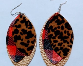 Buffalo plaid animal print Christmas earrings