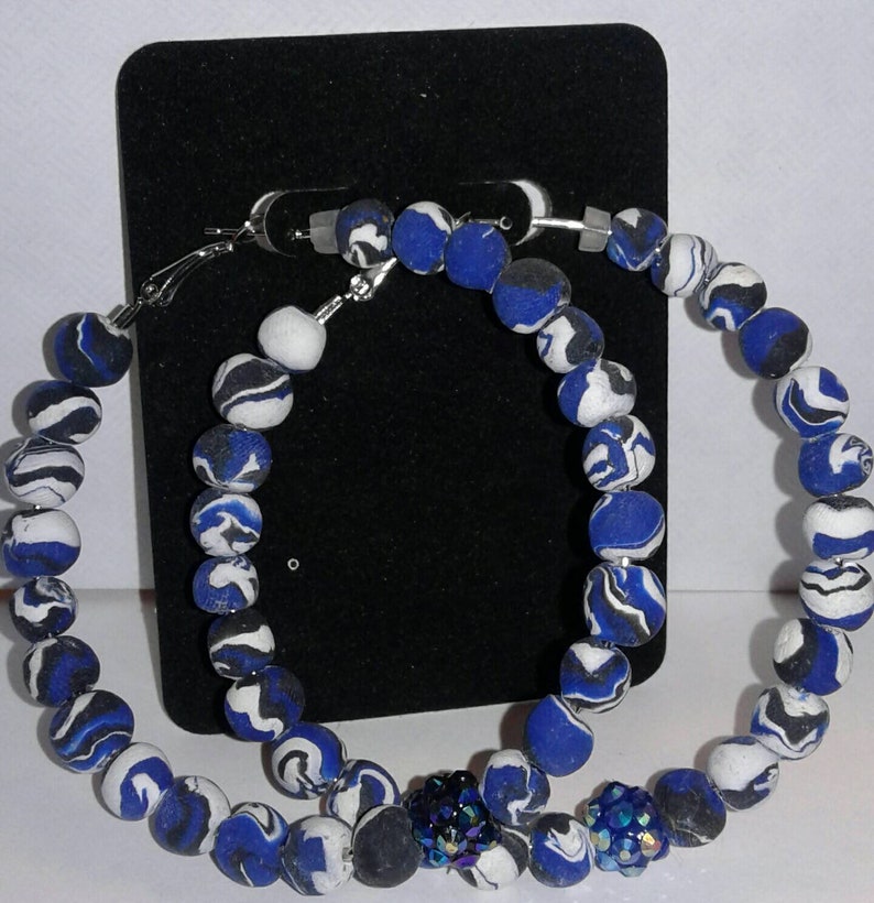 Blue black and white hoop earrings image 1