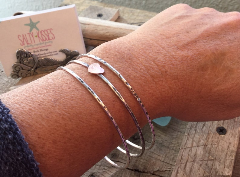 Sterling silver skinny bangle bangles trio set of 3 with copper heart Rustic oxidized Hammered textered stacking bracelets