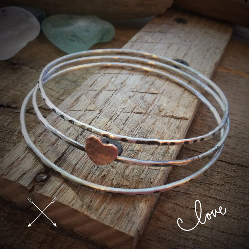 Sterling silver skinny bangle bangles trio set of 3 with copper heart Rustic oxidized Hammered textered stacking bracelets