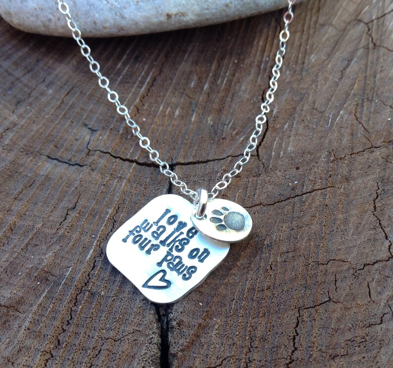 Pure Sterling Silver dog tag necklace Love walks on four paws Etsy