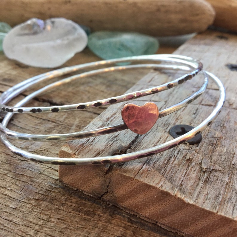 Sterling silver skinny bangle bangles trio set of 3 with copper heart Rustic oxidized Hammered textered stacking bracelets