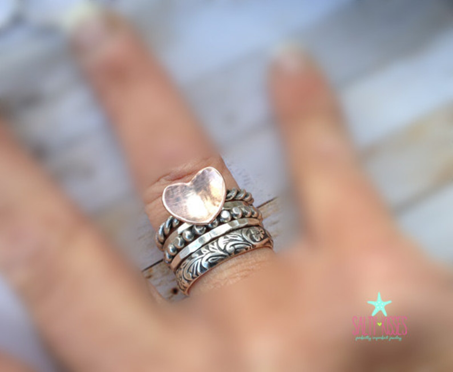 Romantic sterling silver and copper ring stack....set of 5 Etsy