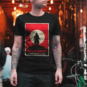 HELL IS EMPTY Vintage Vampire Poster with Shakespeare Quote Unisex Jersey Short Sleeve Tee