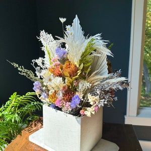 Large Colorful Dried Flower Arrangement in Square Container