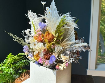 Large Colorful Dried Flower Arrangement in Square Container