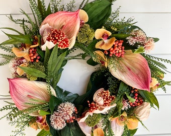 Tropical 24” Artifical Wreath with Coral, blush and light orange flowers