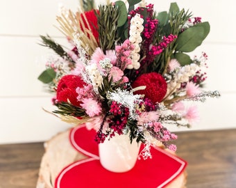 Red and Pink Dried Floral Arrangement in Container